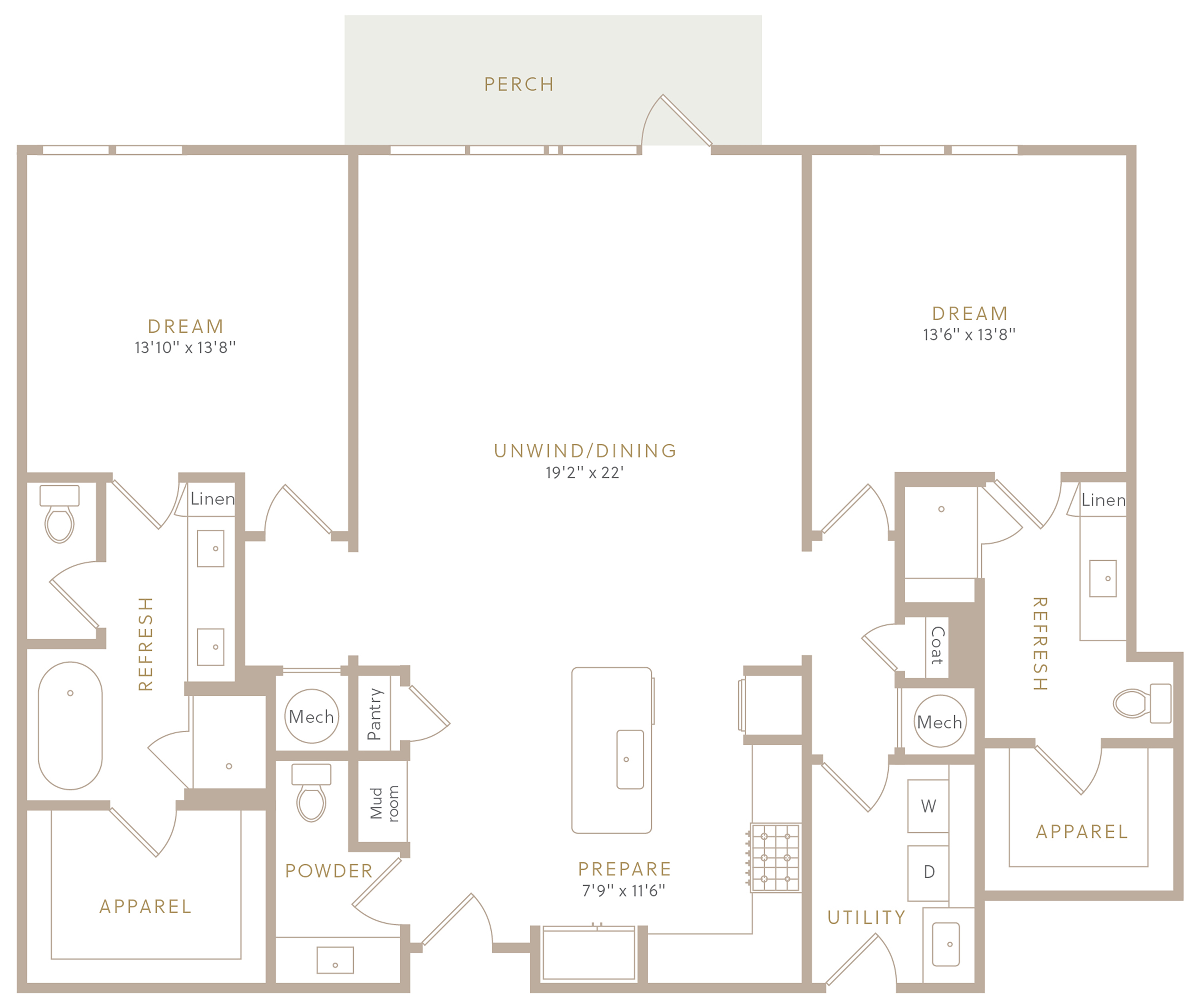 Floor plan for 2 beds, 2 baths, 1777 sqft